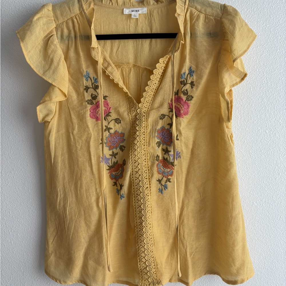 Mine Yellow Flutter Sleeve Blouse with Ruffled Embellishments